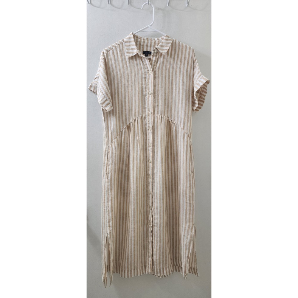 Talbots Petite Linen Shirt Dress Tan White Striped Short Sleeve Midi SP